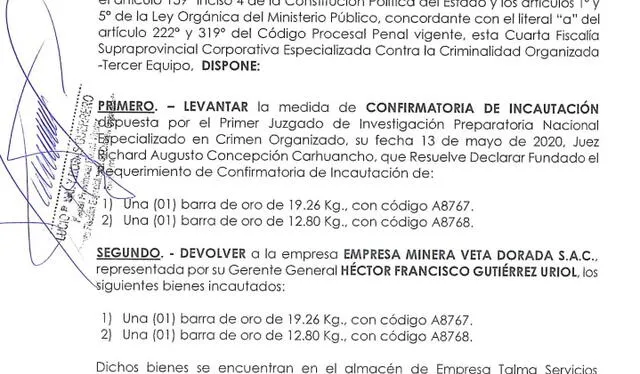 Fiscal Lucio Sal y Rosas devuelve dos barras de Oro a empresa minera Veta Dorada SAC   