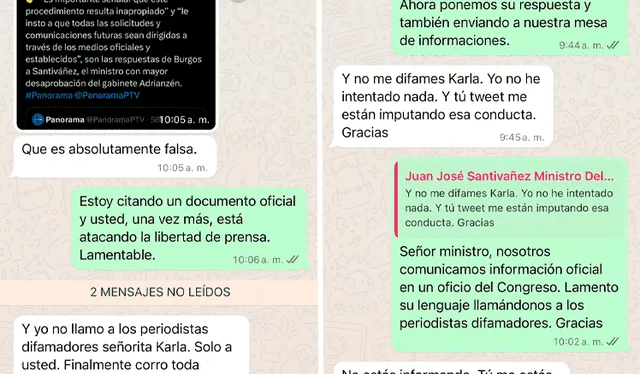 Santiváñez amenaza a periodista por chats de Whatsapp. Foto: X (antes Twitter)  