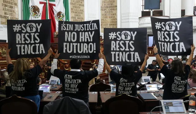 Legisladores y opositores a la reforma judicial expresan su desacuerdo con carteles y polos en el Palacio Legislativo. Foto: AFP   