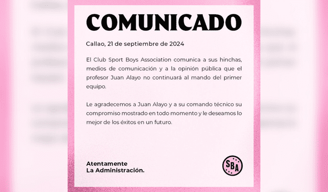  Comunicado oficial. Foto: Club Sport Boys Association    