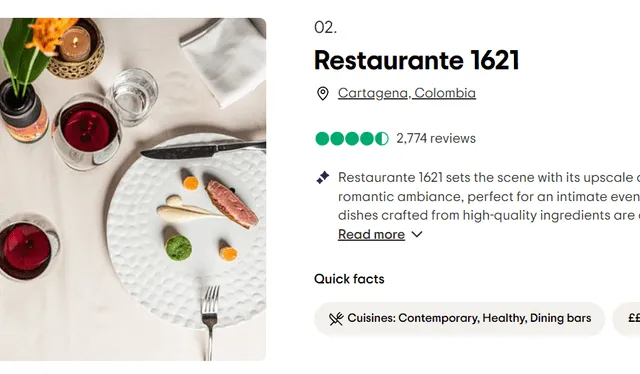 Restaurante 1621, ubicado en Cartagena, Colombia, ha sido reconocido como el segundo mejor restaurante de lujo del mundo, destacando por su mezcla de historia, gastronomía de alta gama y un ambiente excepcional. Foto: Tripadvisor   