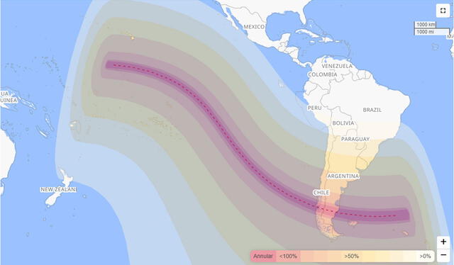 Franja de anularidad del eclipse Anillo de Fuego de octubre 2024. Las zonas en rojo son aquellas donde se apreciará mejor el evento. Foto: Time and Date   