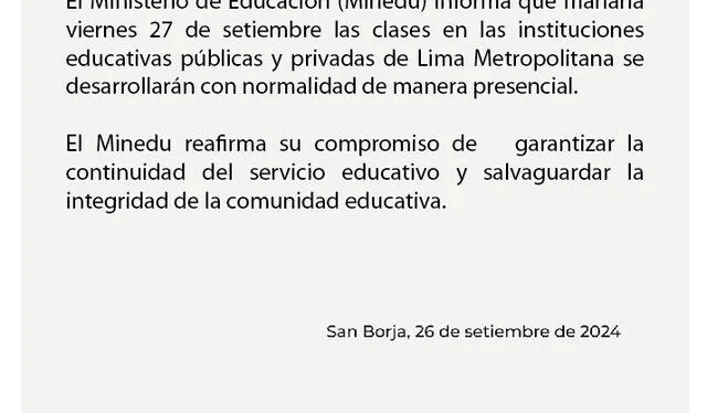 Este fue el comunicado que emitió el Ministerio de Educación. Foto: Minedu/X   