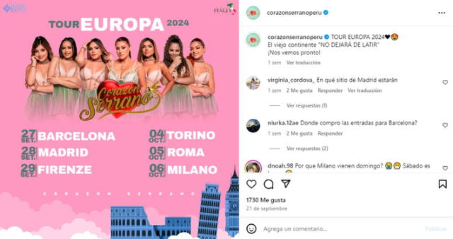  Tour Europa 2024 Corazón Serrano. Foto: Instagram   