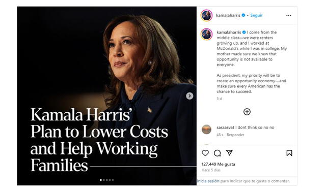 Publicación de Kamala Harris. Foto: Kamala Harris/ Instagram   