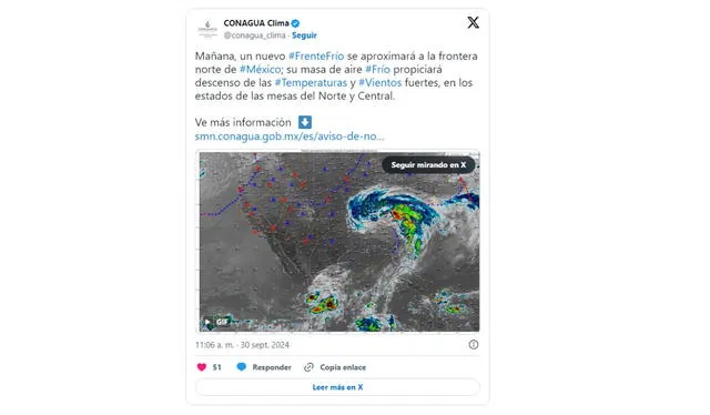 Reporte del Frente frío 4 en México. Foto: X/ CONAGUA   