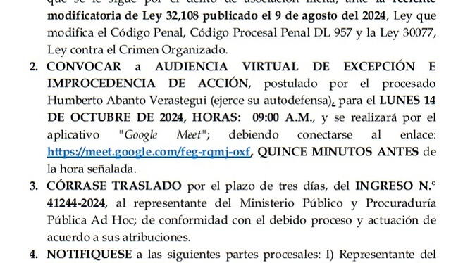 Resolución que cita audiencia en el caso de Abanto Verástegui   