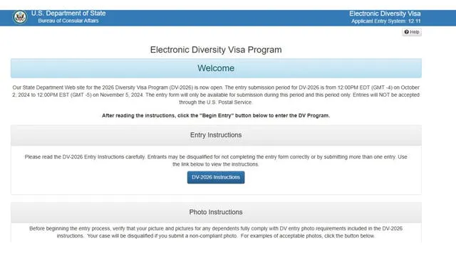 Web oficial de la lotería de visas del 2026. Foto: U.S. Department of State Bureau of Consular Affairs    