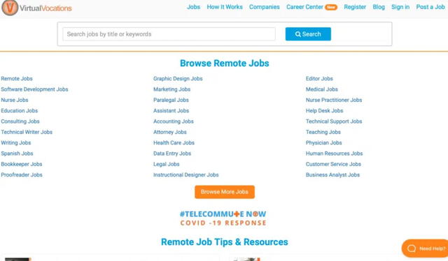 Virtual Vocations en una página web que ofrece puestos laborales virtuales. Foto: Virtual Vocations   