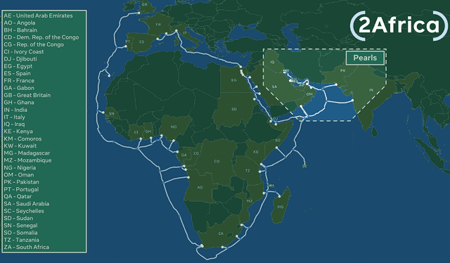  2Africa es el cable más largo del mundo, con una extensión de y está diseñado para conectar 33 países. Foto: Bayobab   