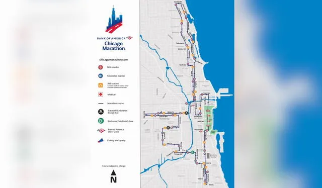 Mapa del recorrido de la Maratón de Chicago 2024. Foto: composición LR/ Maratón Bank of America Chicago 2024   