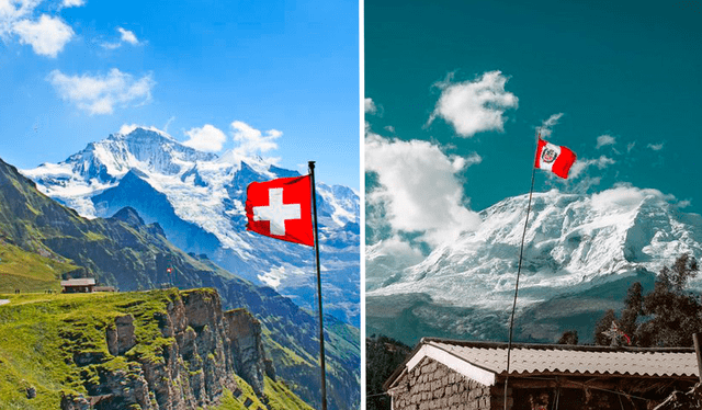 &nbsp;Suiza a la izquierda, Perú a la derecha: tanto la naturaleza como los colores de las banderas se parecen mucho.<br>Foto: composición LR/Marca Perú/Facebook   