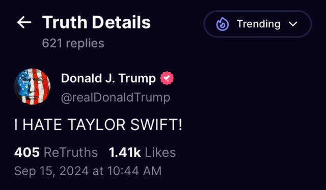 Rección de Donald Trump al apoyo de Taylor Swift a Kamala Harris. Foto: X/ Donald Trump 