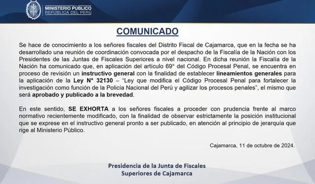 Comunicado de la Presidencia de la Junta de Fiscales Superiores de Cajamarca   