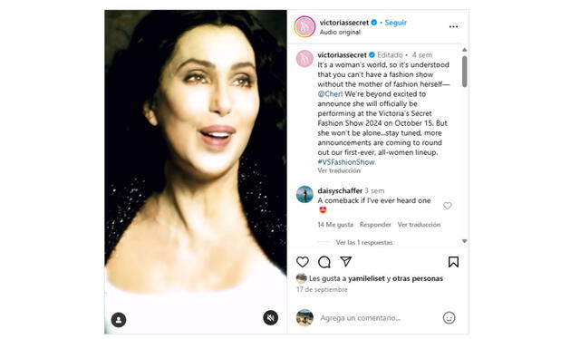 Victoria's Secrete anuncian a Cher en el evento de hoy, martes 15 de octubre. Foto: Instagram/ Victoria's Secret   