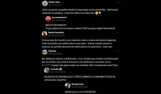  Estos fueron algunos de los duros comentarios de los hinchas hacia Luis Advíncula. Foto: composición LR/capturas    