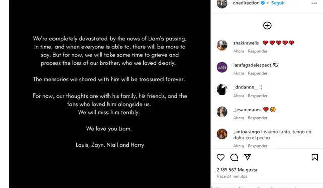 One Direction se pronunció a través de redes sociales. Foto: Instagram 