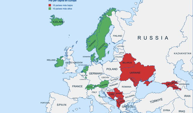 Comparación de los 10 países europeos con mayor y menor PIB per cápita: una clara tendencia geográfica que muestra cómo los países más ricos se concentran en el oeste, mientras que los más pobres se ubican en el este. <br>Mapa: LR/Janina Marisa Schenker/mapchart.net   