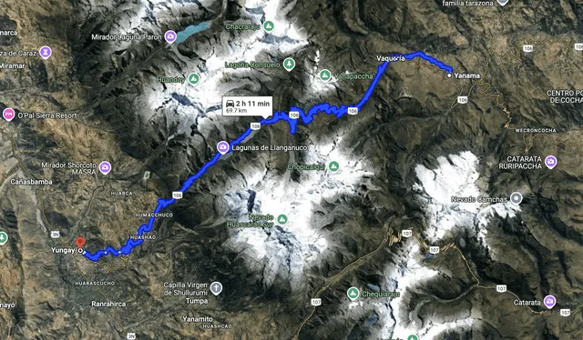 Nevado Huascarán cuenta con vías alternas de acceso. Foto: Maps   