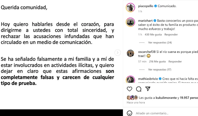 Comunicado de María Pía. Foto: Instagram/piacopello   