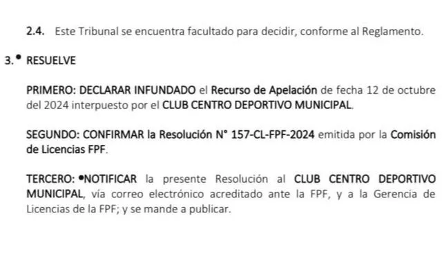  La Comisión de Licencias de la FPF declaró infundada la apelación de Municipal y ratificó su sanción. Foto: captura    