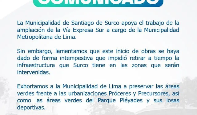  Comunicado de la Municipalidad de Surco. Foto: difusión   