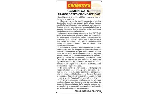  Comunicado de Cromotex. Foto: Facebook   