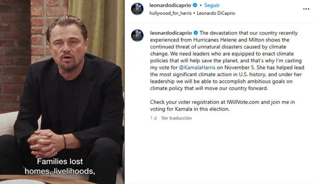 Leonardo DiCaprio apoya a Kamala Harris. Foto: Leonardo DiCaprio/ Instagram    