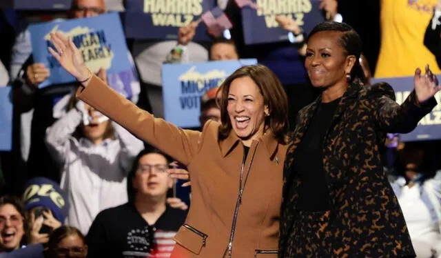 Michelle Obama y Kamala Harris en el mitin juntas. Foto: AFP   