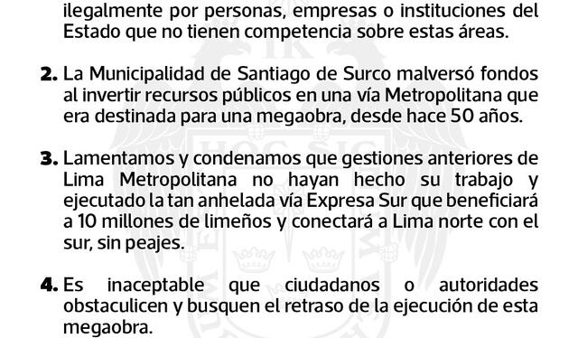 Este fue el comunicado que emitió la Municipalidad de Lima tras las quejas de los vecinos de Surco. Foto: Municipalidad de Lima   