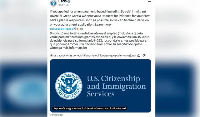  USCIS emitió un aviso en sus cuentas oficiales para advertir que aquellos que recibieron un mensaje deben responder lo más rápido posible. Foto: X   