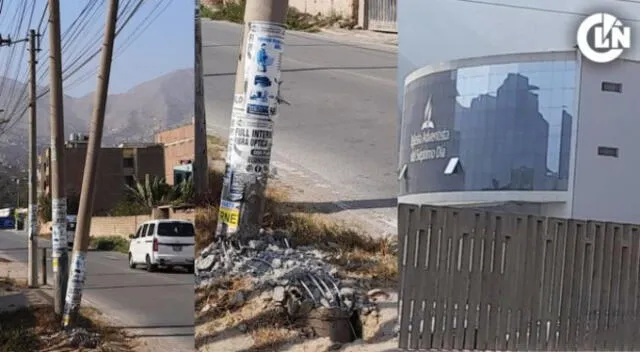 El poste eléctrico a punto de caer se encuentra cerca de la institución educativa, lo cual ha generado preocupación entre los estudiantes. Foto: Latina.    