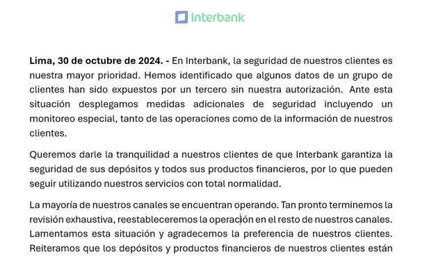 Comunicado de Interbank confirmado la vulneración y filtración de datos personales de sus clientes. Foto: difusión   