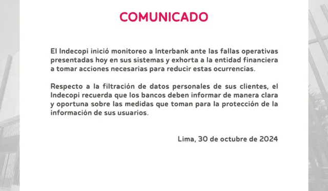 Pronunciamiento de Indecopi tras la confirmación del hackeo a cuentas de Interbank. Foto: Indecopi   