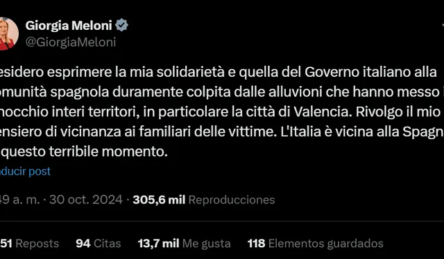 La ministra italiana utilizó sus redes para expresar la solidaridad. Foto: X   