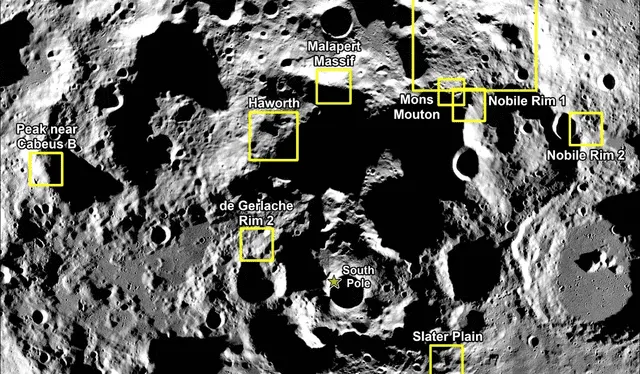 Las regiones seleccionadas para la misión Artemis. Foto: NASA   