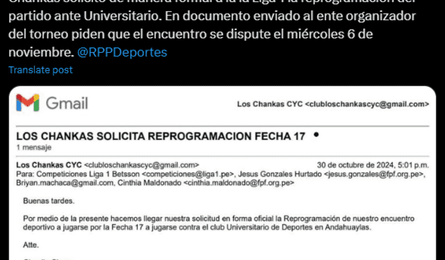 Los Chankas solicitaron formalmente la reprogramación de su partido con Universitario. Foto: captura   