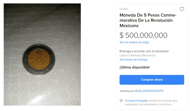 Esta moneda de 5 pesos es vendida por $ 500.000.000 millones de pesos. Foto: Mercado Libre   