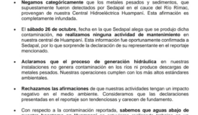 La empresa "Orygen" rechazó tajantemente tener alguna relación en la contaminación del río Rímac. Foto: Comunicado Orygen.   