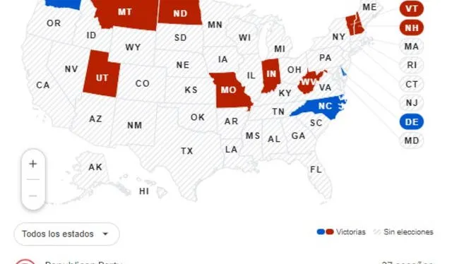 Mapa de resultados de las Elecciones para gobernador en Estados Unidos 2024 Foto: AP   