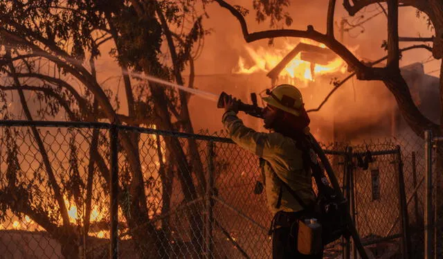  Los bomberos luchan contra el avance del incendio forestal denominado Mountain Fire en California, intensificado por fuertes vientos y condiciones extremas. Foto: AFP   