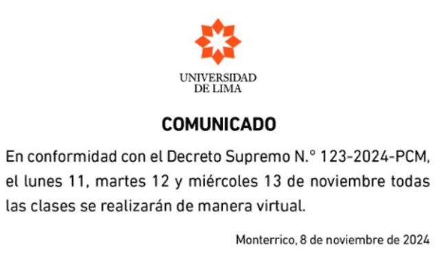 Universidad de Lima acatará clases virtuales del lunes 11 al miércoles 13 de noviembre. Foto: U. de Lima   