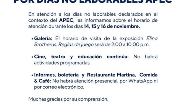 PUCP realizó cambios en sus horarios durante la semana del APEC 2024. Foto: Centro Cultural PUCP.   