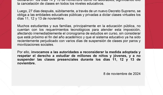 Gremios rechazan la suspensión de clases durante la cumbre APEC 2024. Foto: Pacto por la Educación de Calidad   