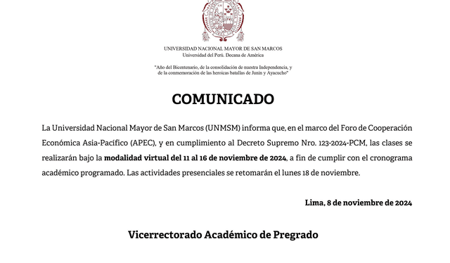 Comunicado de la Universidad Nacional Mayor de San Marcos. Foto: UNMSM   