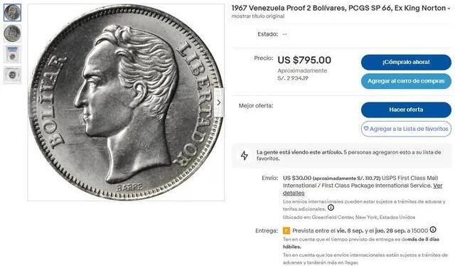  Página donde podrás encontrar la moneda de 2 bolívares de Venezuela. Foto: eBay 