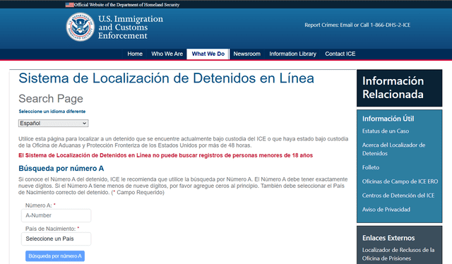 Así es la página web del Sistema de Localización de Detenidos en Línea. Foto: Gobierno de USA   