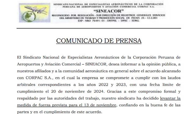  Comunicado de prensa oficial del Sindicato de Corpac (SINEACOR)   