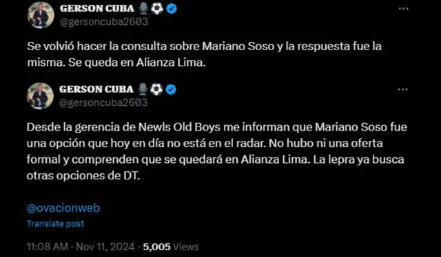  Según Gerson Cuba, Mariano Soso continuaría al frente de Alianza Lima para la temporada 2025. Foto: composición LR/captura    