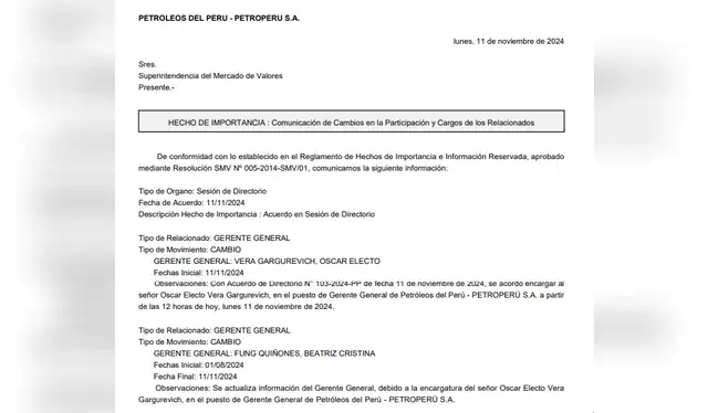 Documento oficial donde se designa a Vera como nuevo gerente general de Petroperú. Foto: Petroperú. Documento oficial donde se designa a Vera como nuevo gerente general de Petroperú. Foto: Petroperú.